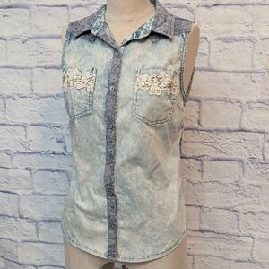 Miss Me Sleeveless Denim & Lace Embellished Top Size Small